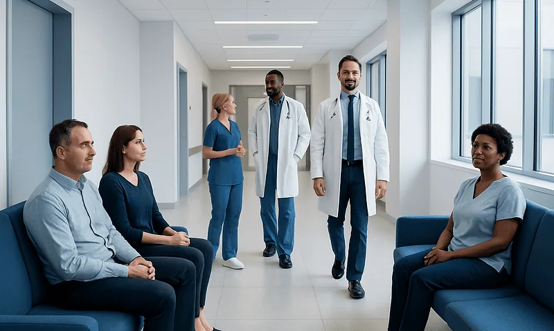 Medical team consulting with patients in a modern hospital corridor.