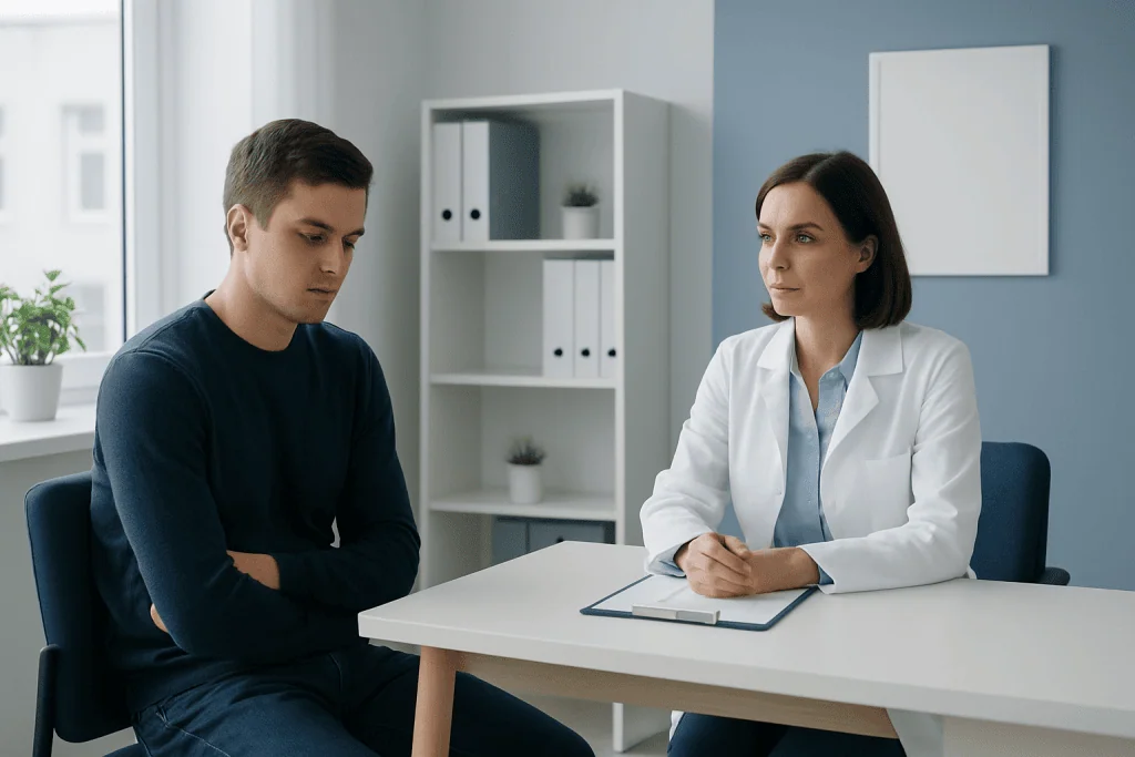 Therapist and patient in a consultation room at Acibadem Hospitals Group.