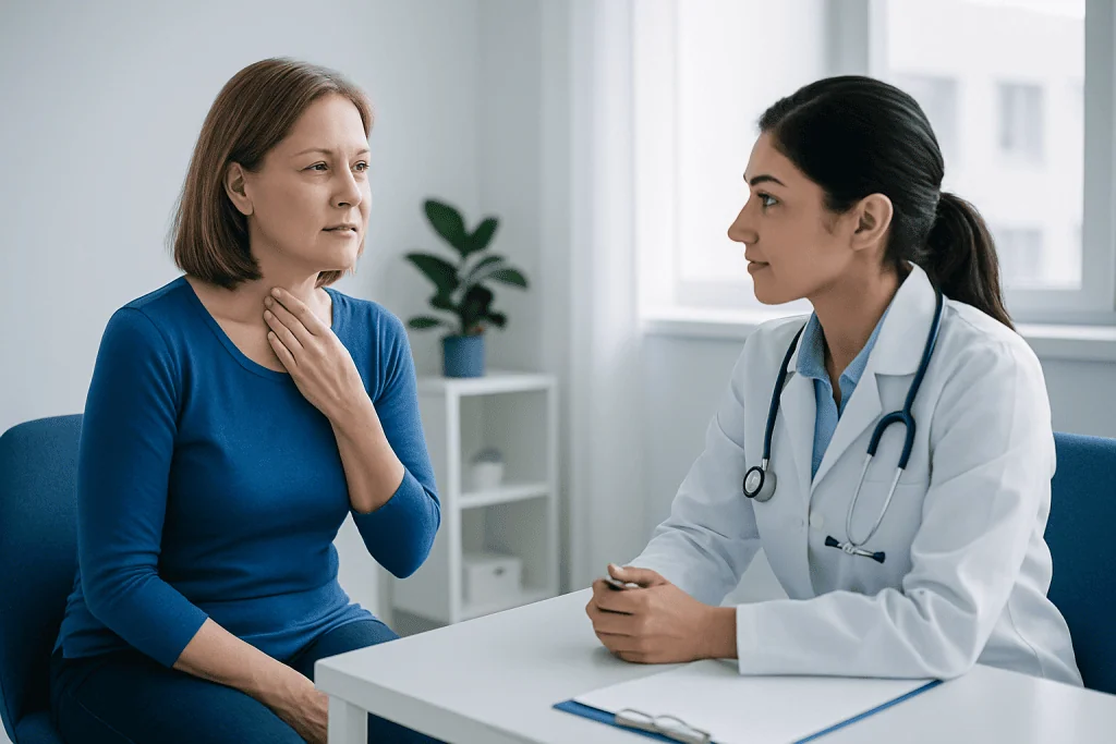 Doctor consulting with a middle-aged woman in a medical office.