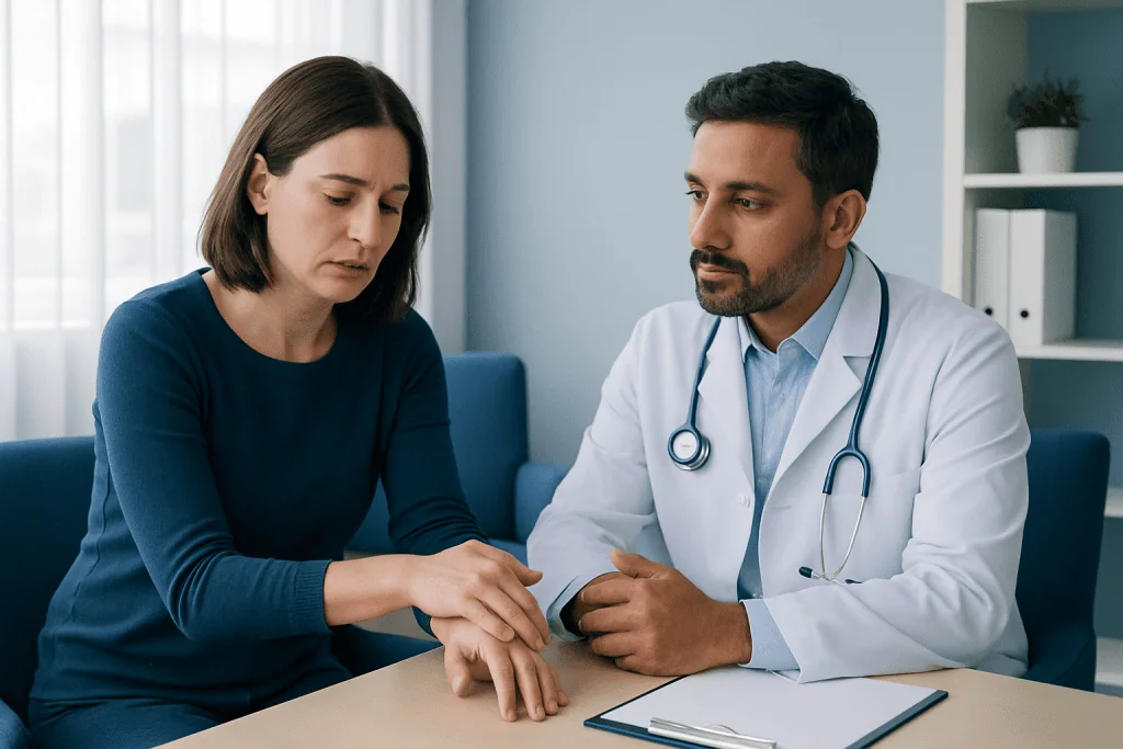 Doctor examining patient's wrist for intersection syndrome symptoms.