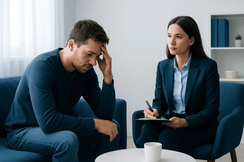Therapist and patient discussing mental health in a counseling session.
