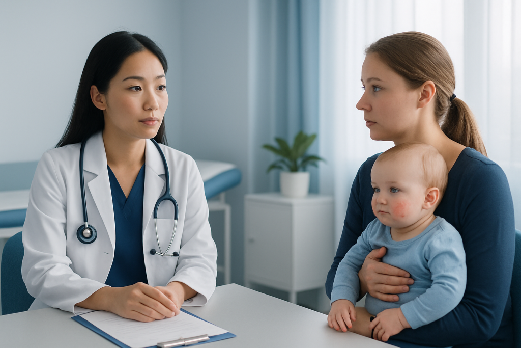 Pediatric consultation at Acibadem Hospital with doctor and mother with child.