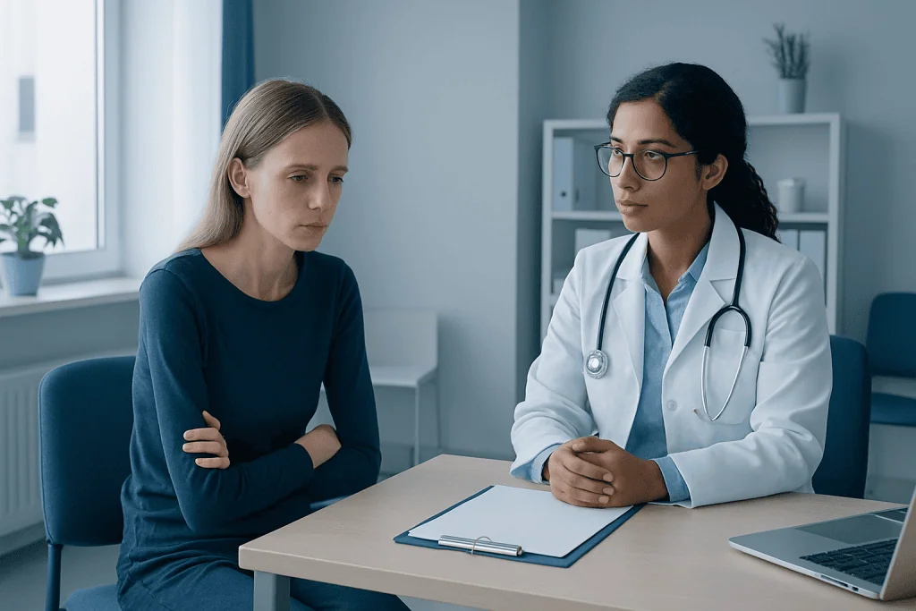 Doctor consulting with a young woman in a medical office setting.