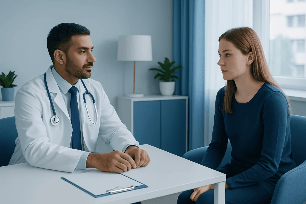 Doctor consulting with a young female patient in a medical office.