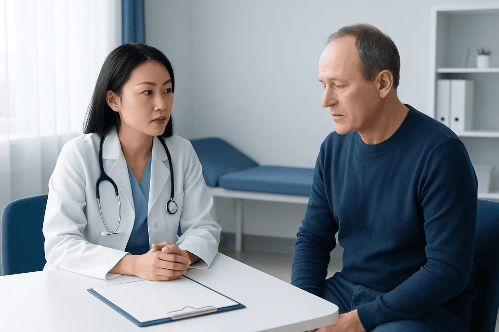 Doctor consulting with male patient in a medical office setting.