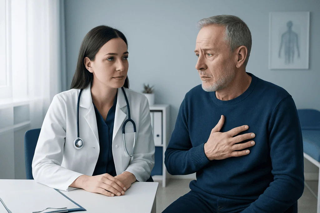 Doctor consulting with a patient about chest pain in a medical office.