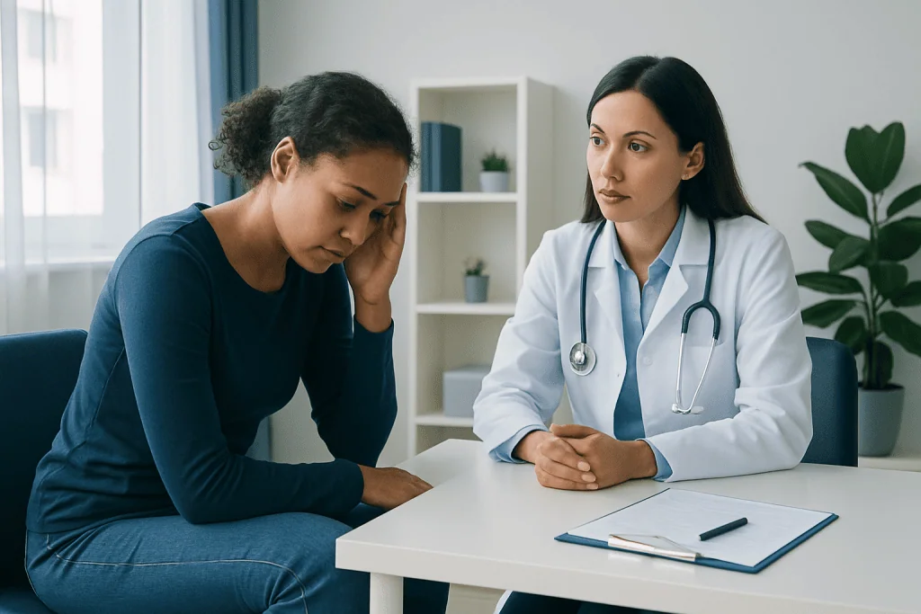 Doctor consulting a patient about premenstrual stress symptoms.