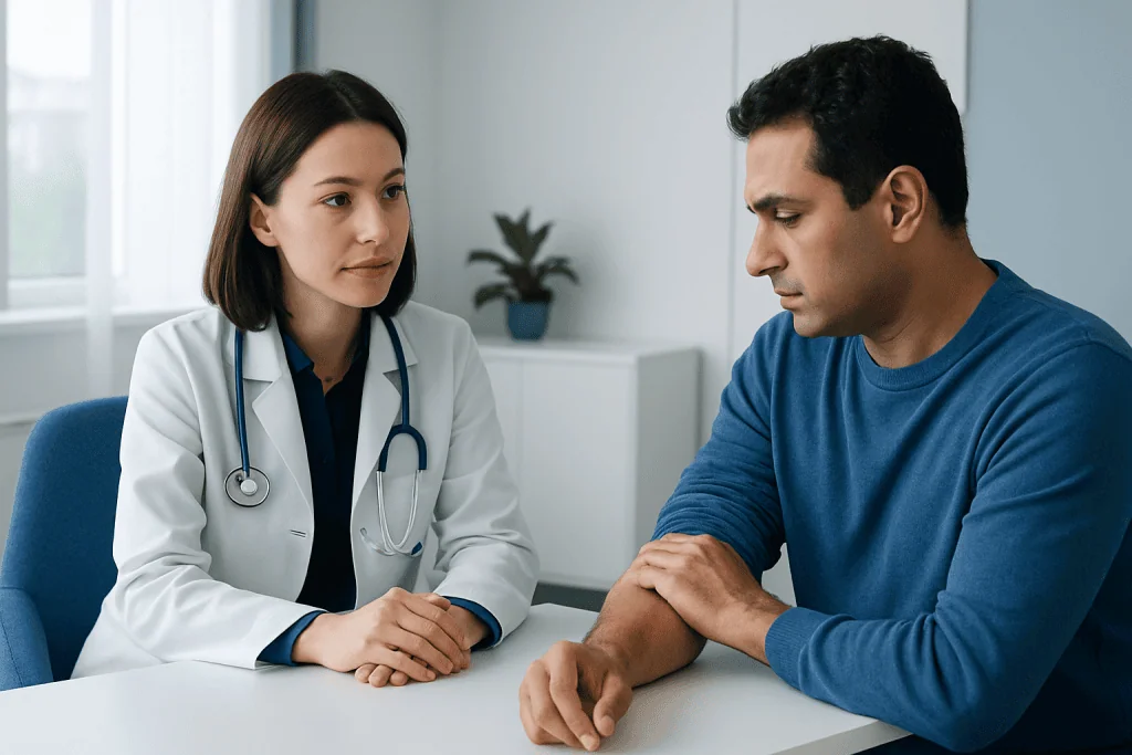 Doctor consulting with patient about skin condition in clinic.