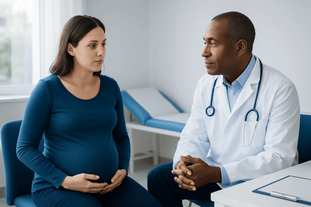 Doctor consulting with pregnant woman in a medical office.
