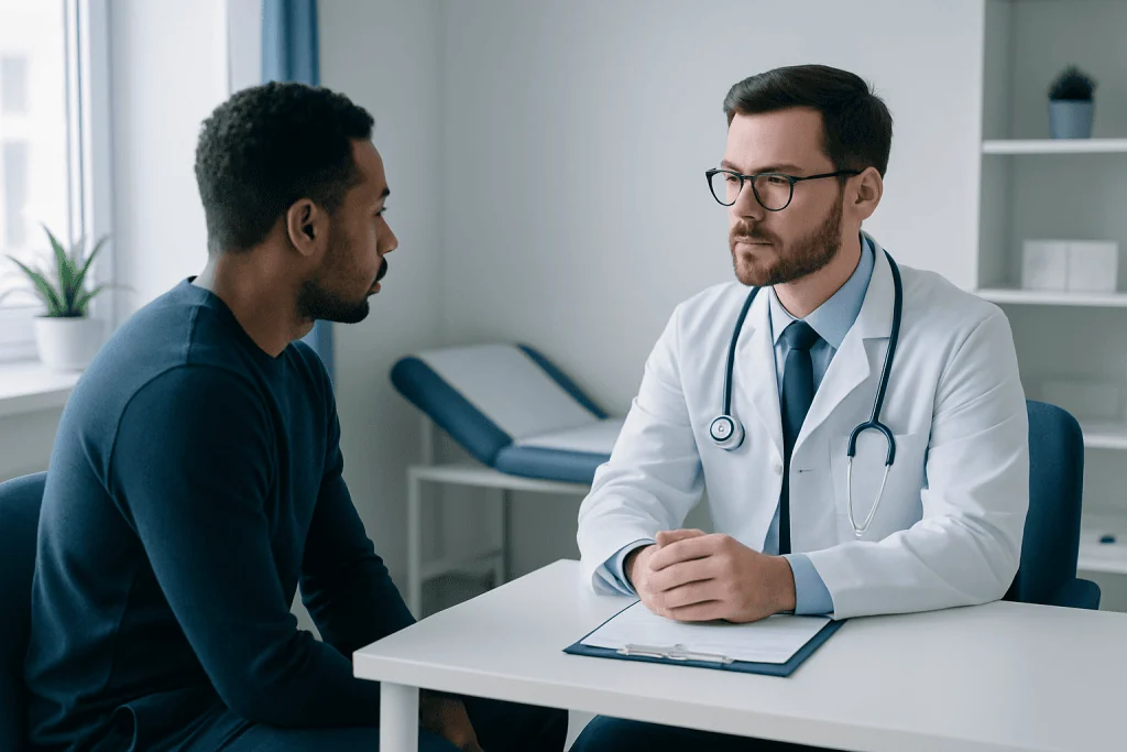 Doctor consulting with patient in a medical office setting.