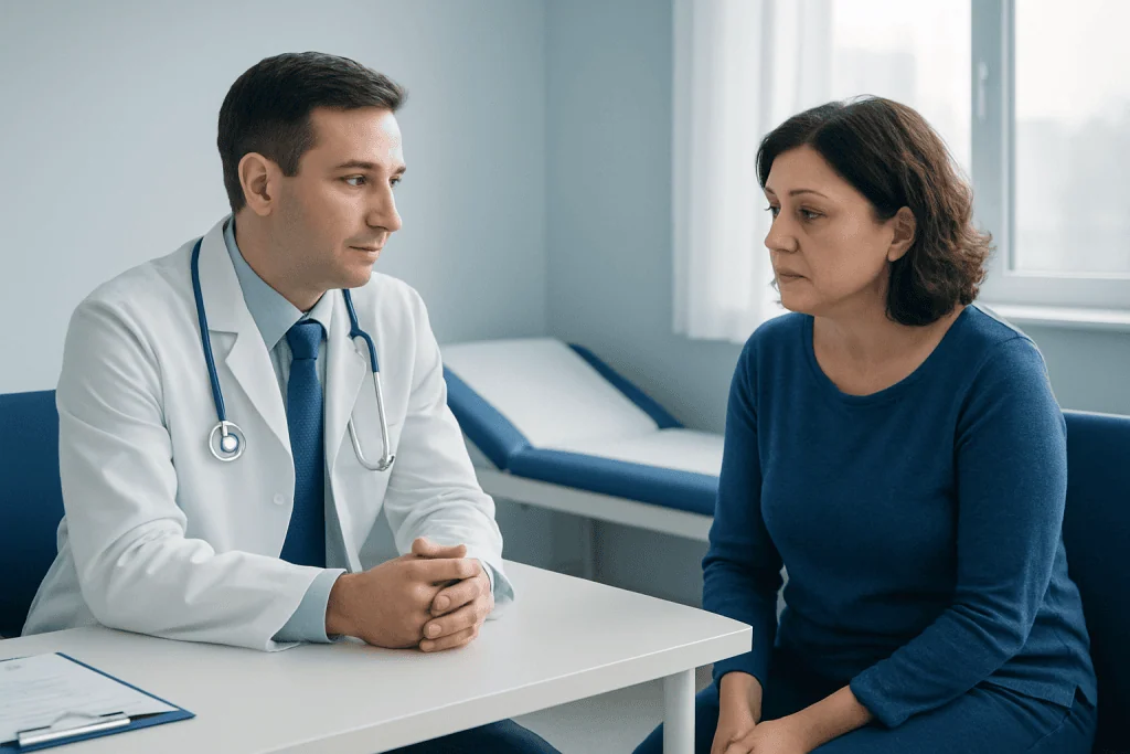 Doctor consulting with a female patient in a medical office setting.