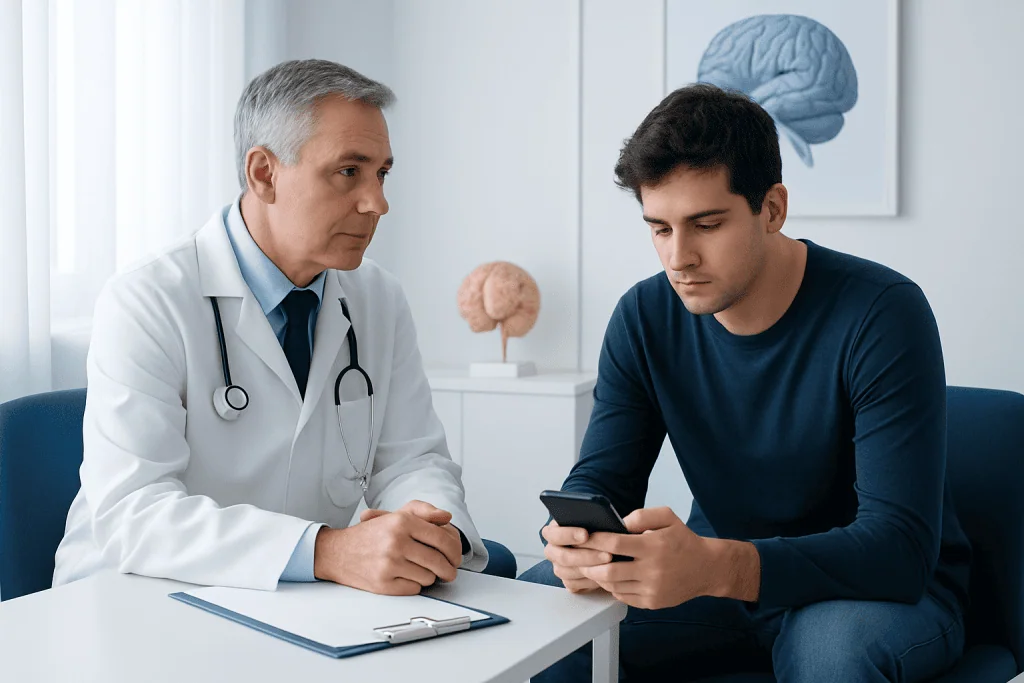 Doctor consulting with young male patient about smartphone use.