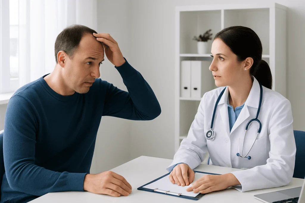 Patient consulting with doctor about hair loss concerns.
