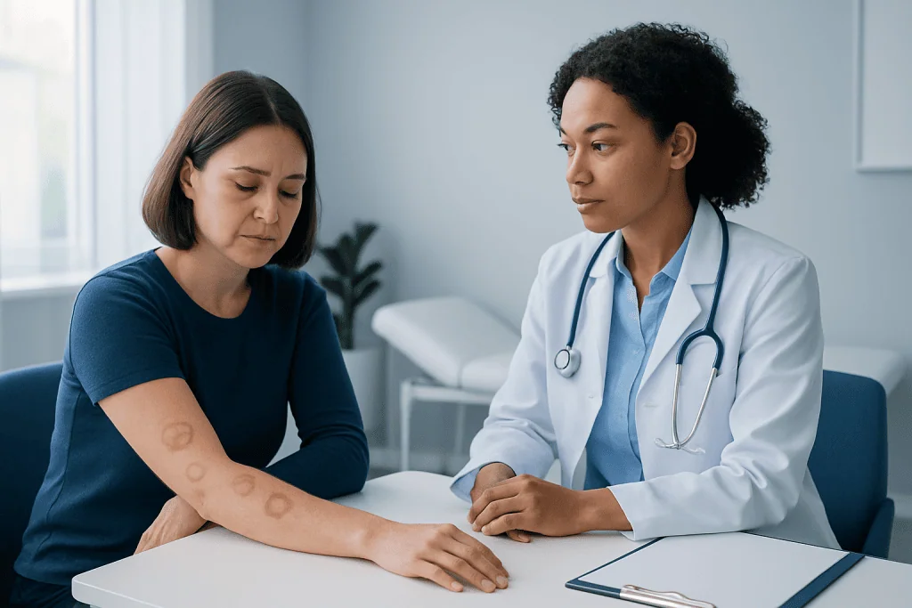 Doctor examines patient's arm with skin rashes at a hospital clinic.