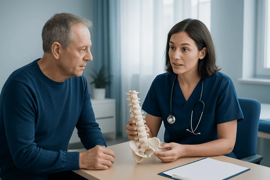Doctor explaining spinal issues to patient in a consultation room.