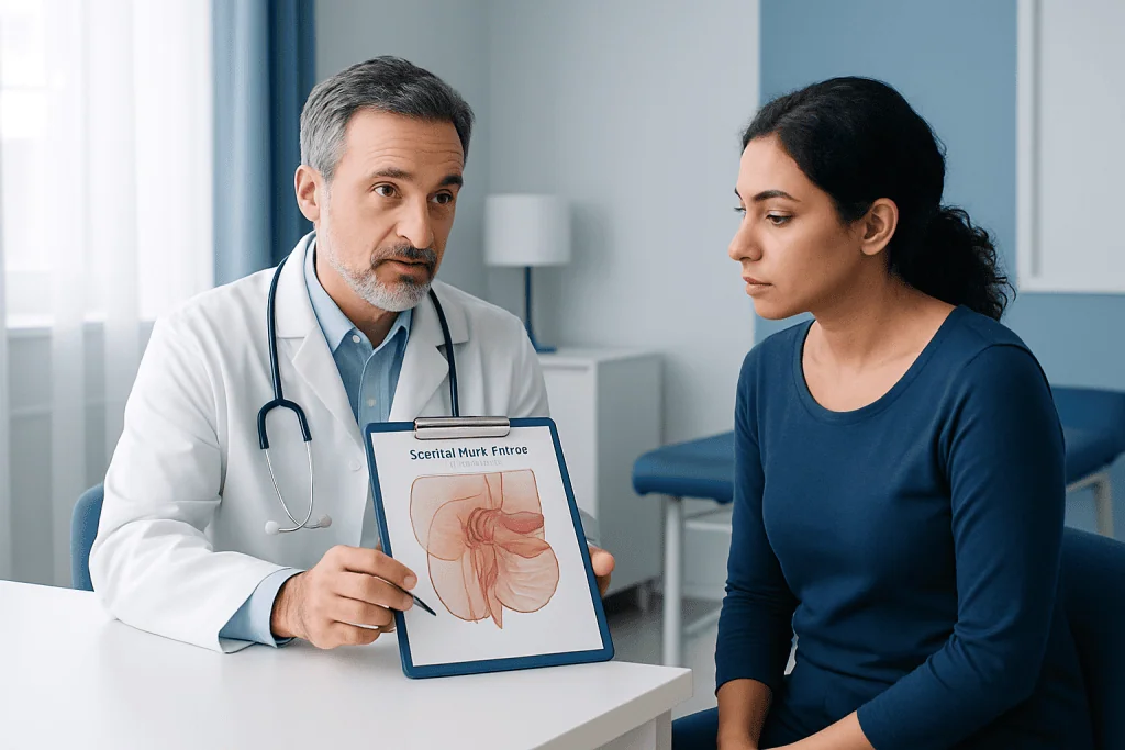 Doctor explaining hernia diagram to patient in a consultation room.