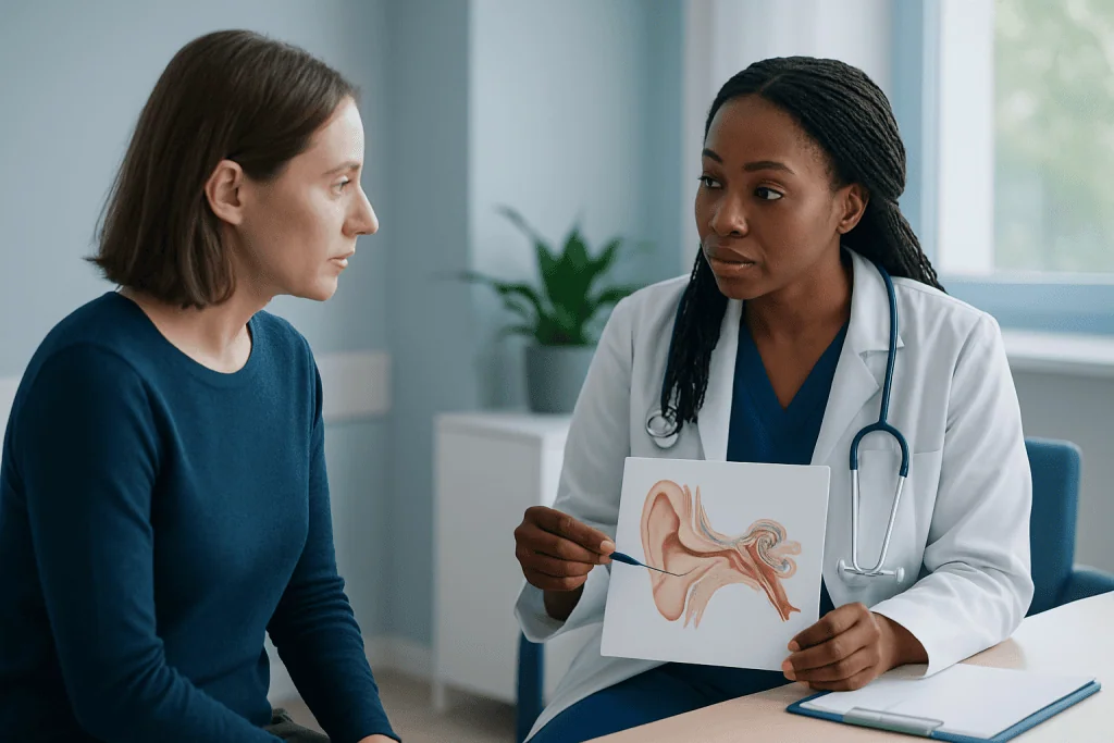 Doctor explaining Eustachian tube dysfunction to patient with ear diagram.