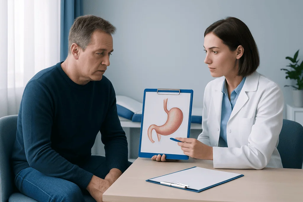 Doctor explaining stomach diagram to patient in consultation room.