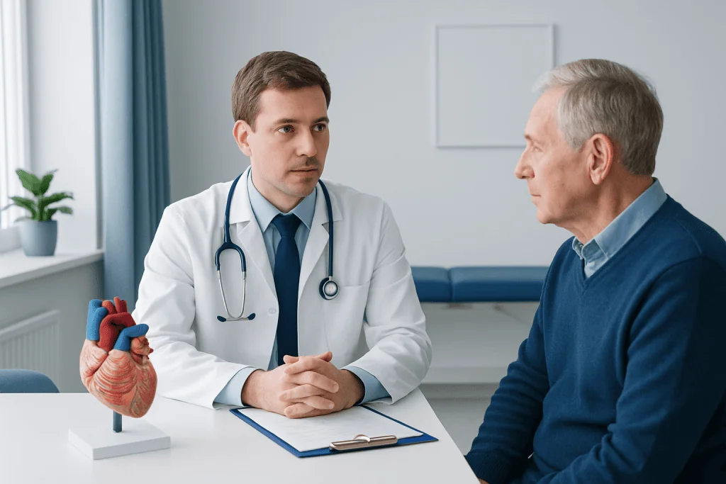 Cardiologist consulting an elderly patient about heart health.