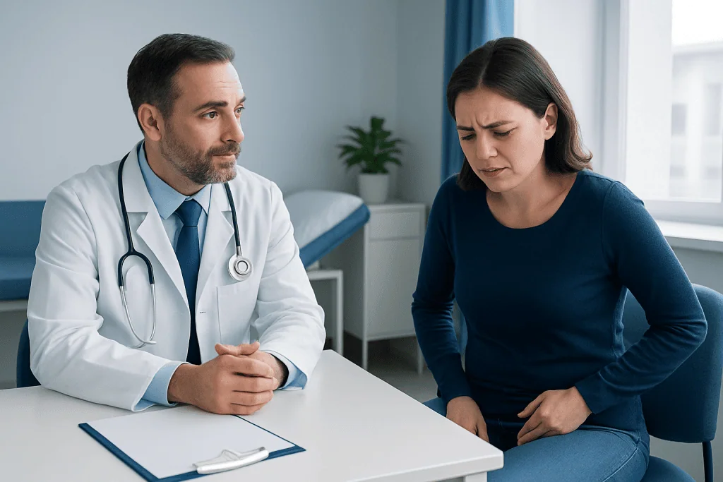 Doctor consulting with a woman patient about hemorrhoid symptoms in a clinic.