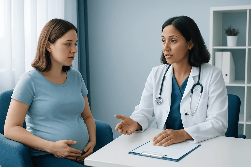 Doctor consulting pregnant woman in a medical office.