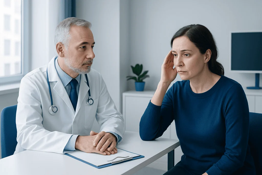 Doctor consulting with a woman patient in a medical office.