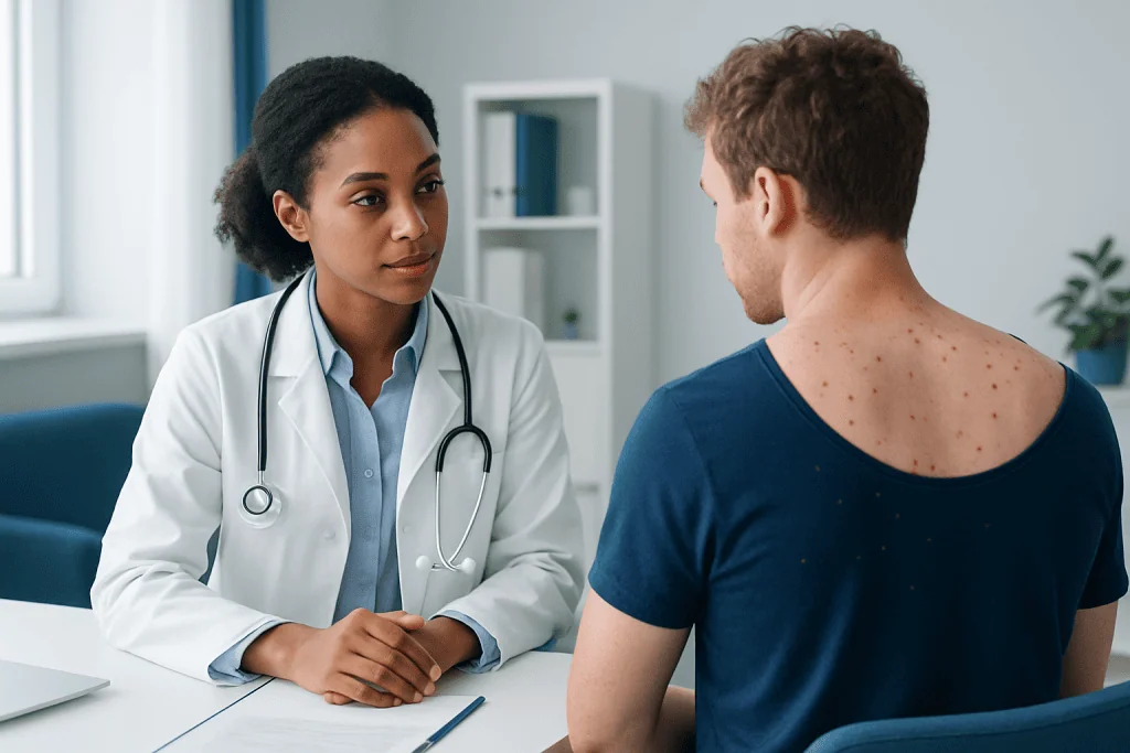Doctor consulting with patient about skin condition in a clinic setting.