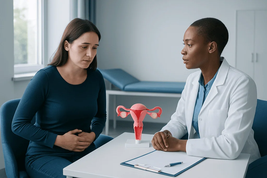 Gynecologist explaining endometriosis to patient with uterine model.