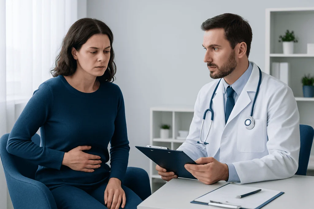 Doctor consulting with a woman patient about health concerns in a medical office.