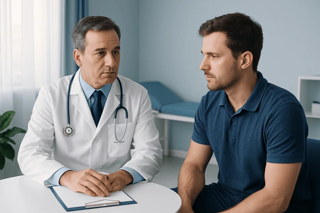 Doctor consulting with a male patient in a medical office.
