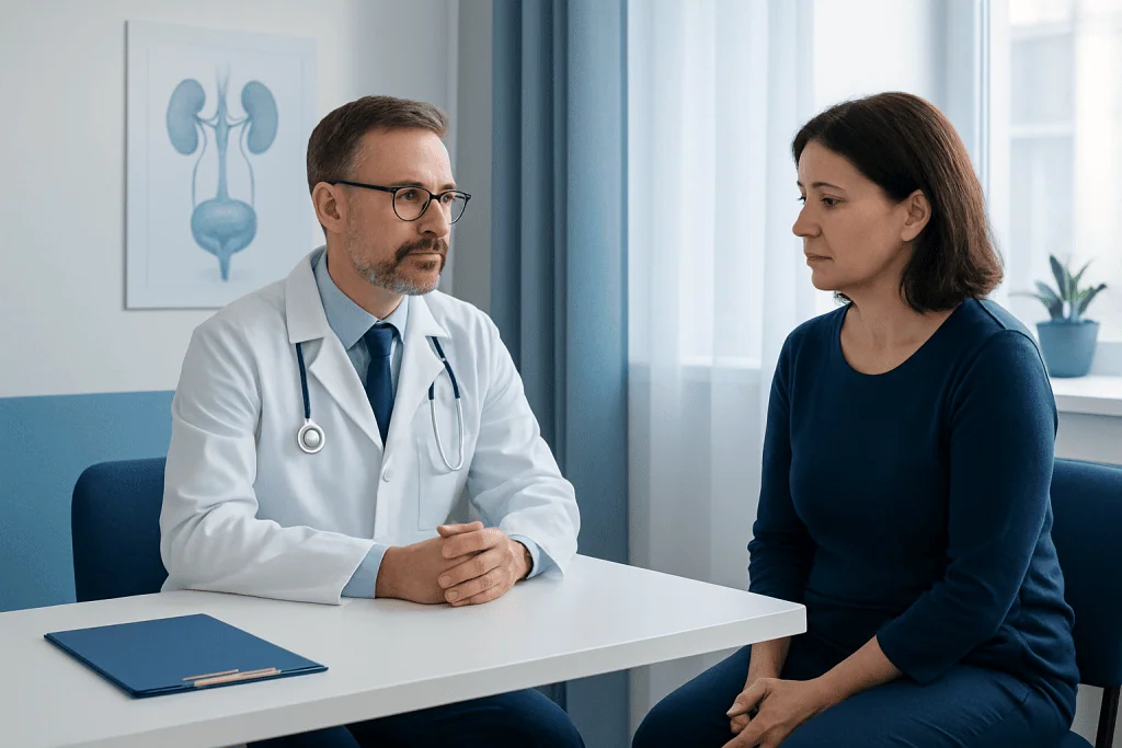 Doctor consulting with a female patient in a medical office.