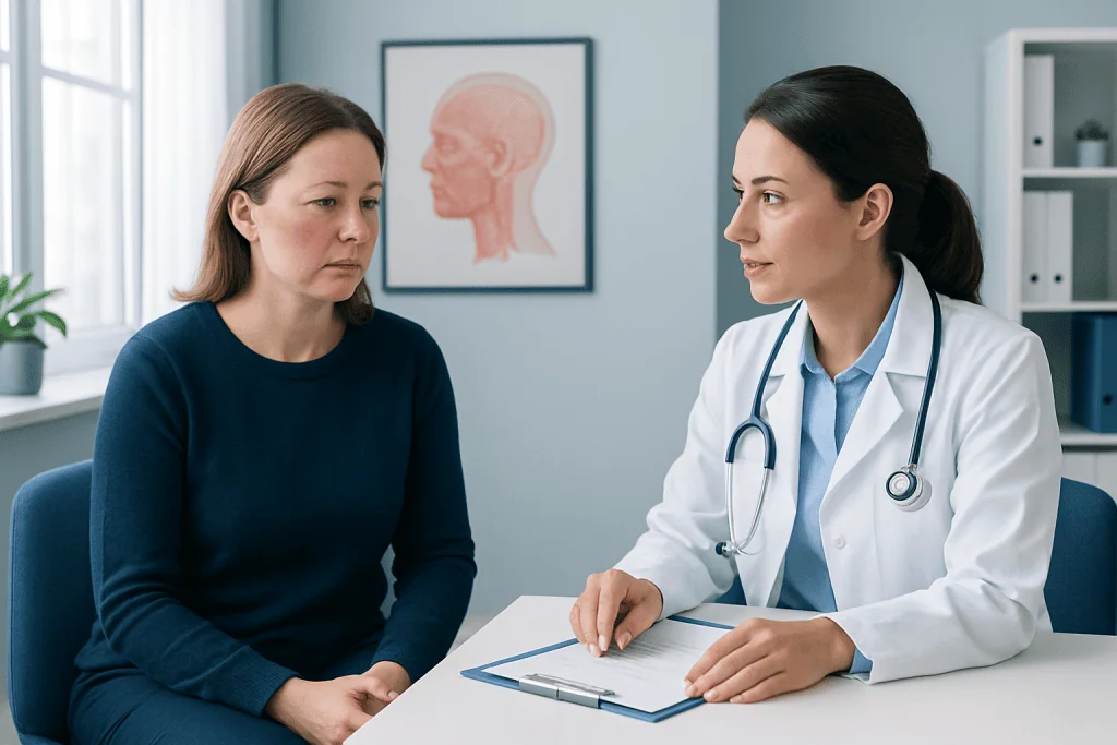 Doctor consulting with a patient about skin condition in a clinic setting.