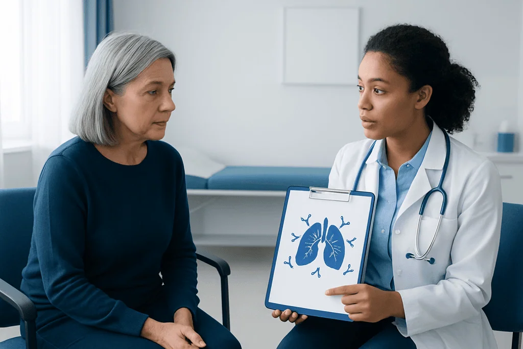 Doctor explaining lung health to an elderly woman in a medical consultation.