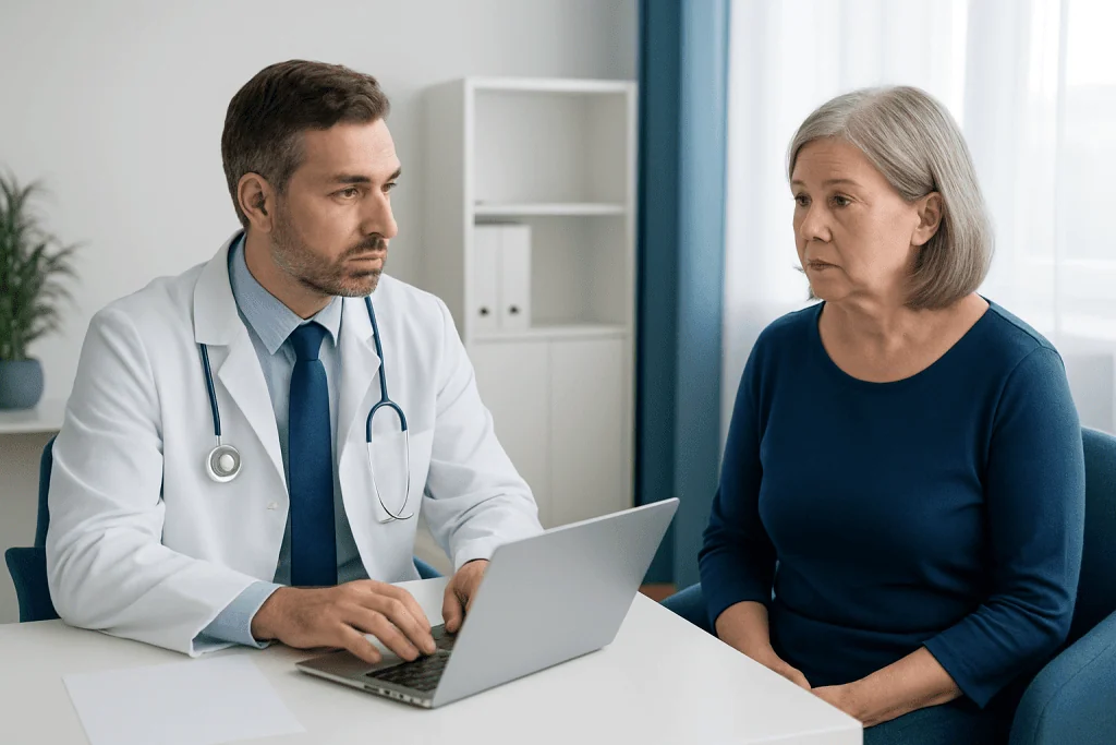 Doctor consulting with an older female patient in a medical office setting.