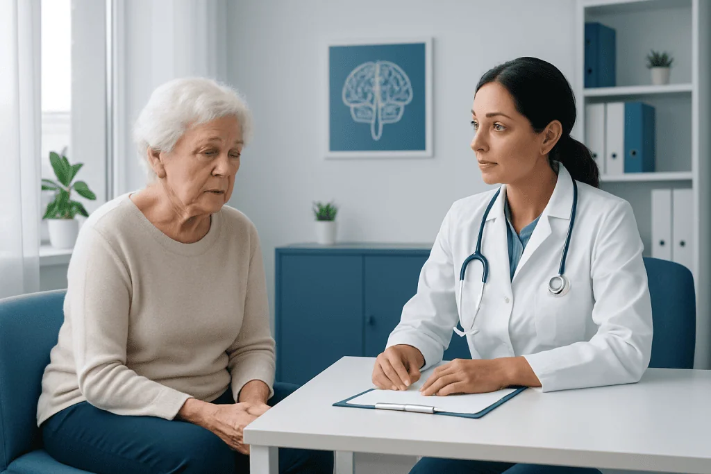 Doctor consulting with elderly patient in a medical office setting.