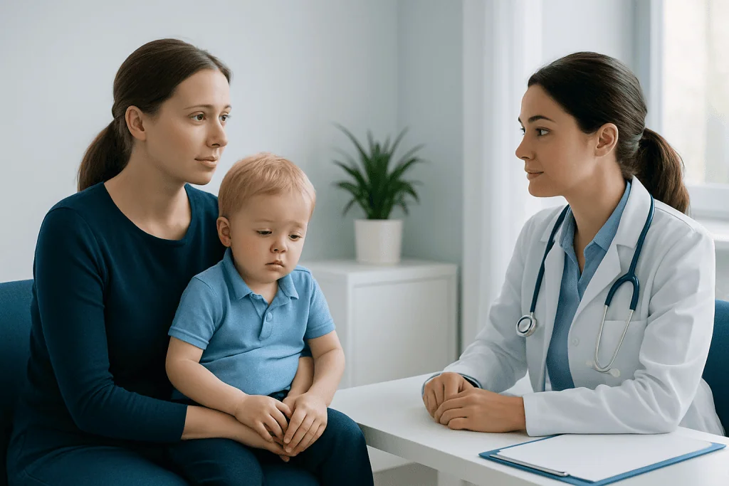 Pediatric consultation with mother and child at a hospital.