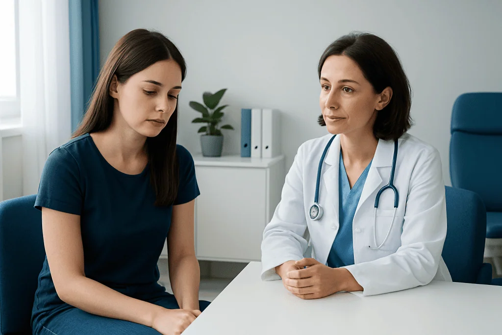Doctor consulting with a young female patient in a medical office.