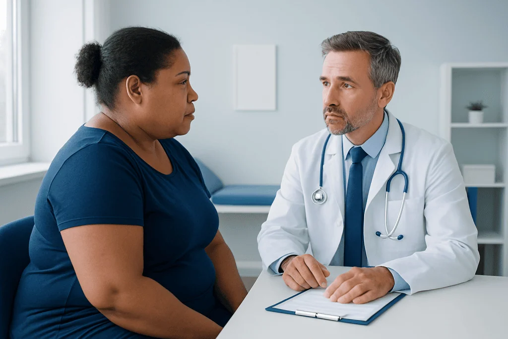 Doctor consulting with a patient about health concerns in a medical office.