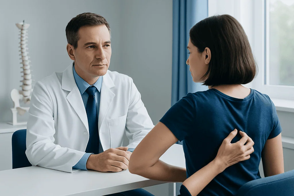Doctor consulting with a female patient in a medical office.