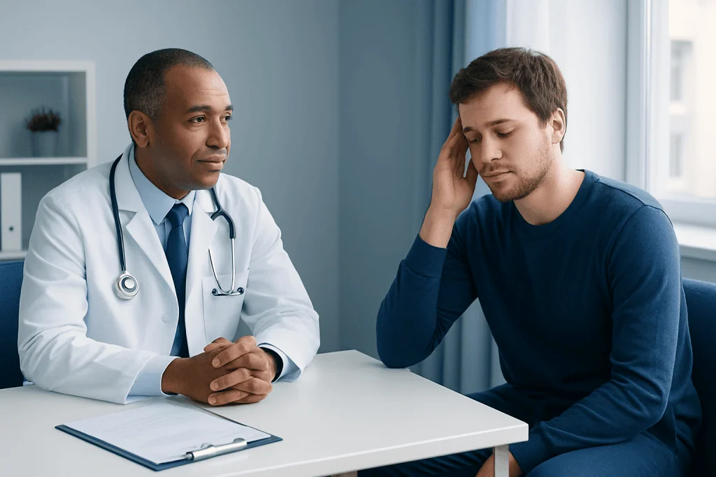 Doctor consulting with young male patient about sleep issues in clinic.