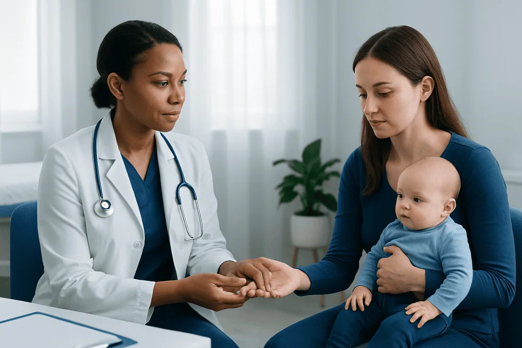 Pediatric consultation at Acibadem Hospital with doctor and mother.