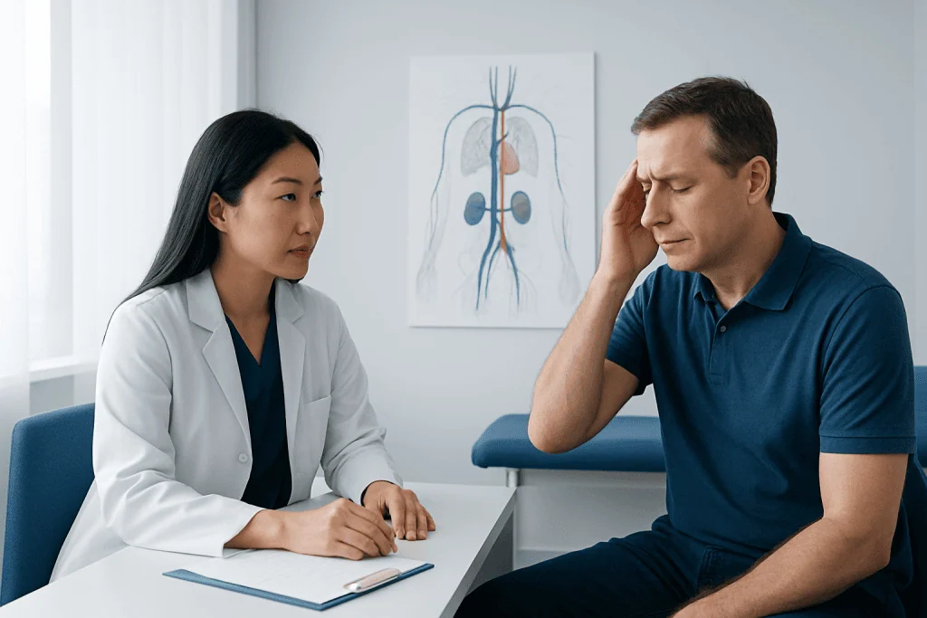 Doctor consulting with patient about dizziness and dehydration symptoms.