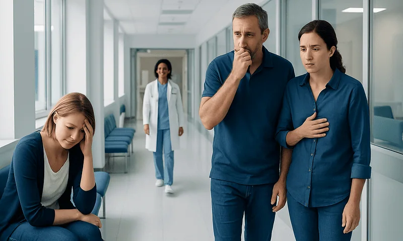 Patients experiencing complications during treatment in a hospital corridor.