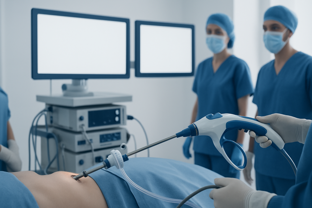 Medical professionals performing a laparoscopic procedure in an operating room.