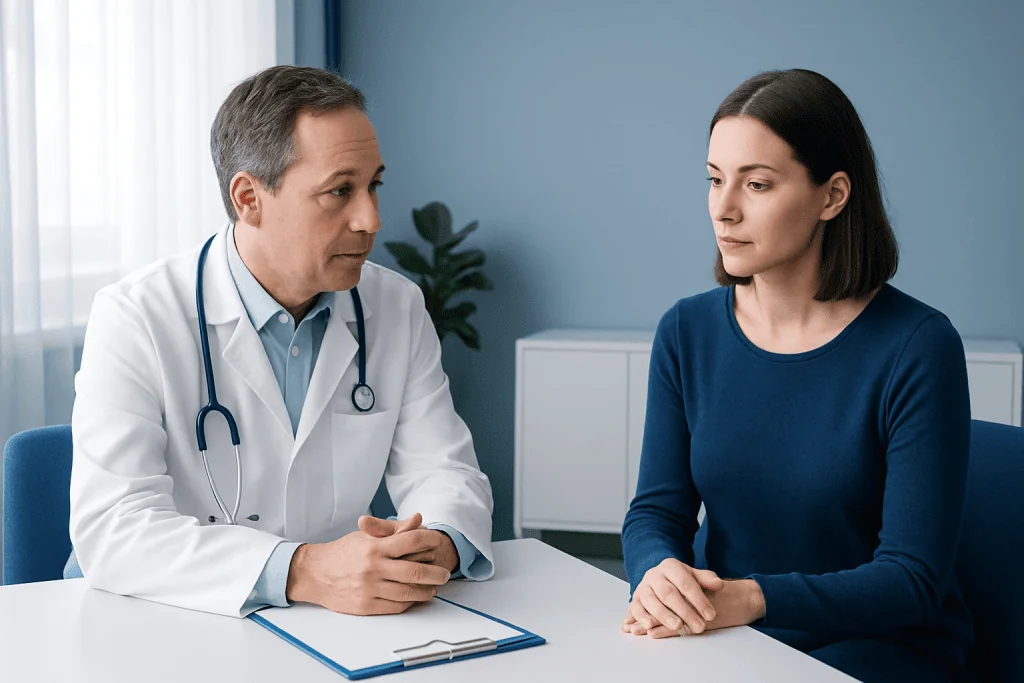 Doctor consulting with a female patient in a medical office.