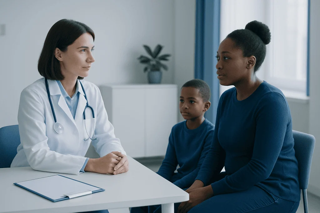 Doctor consulting with a mother and child in a hospital setting.
