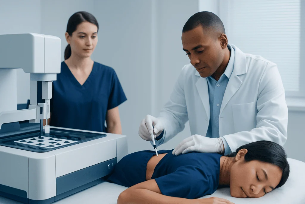 Doctor performing a bone marrow test on a patient in a clinical setting.