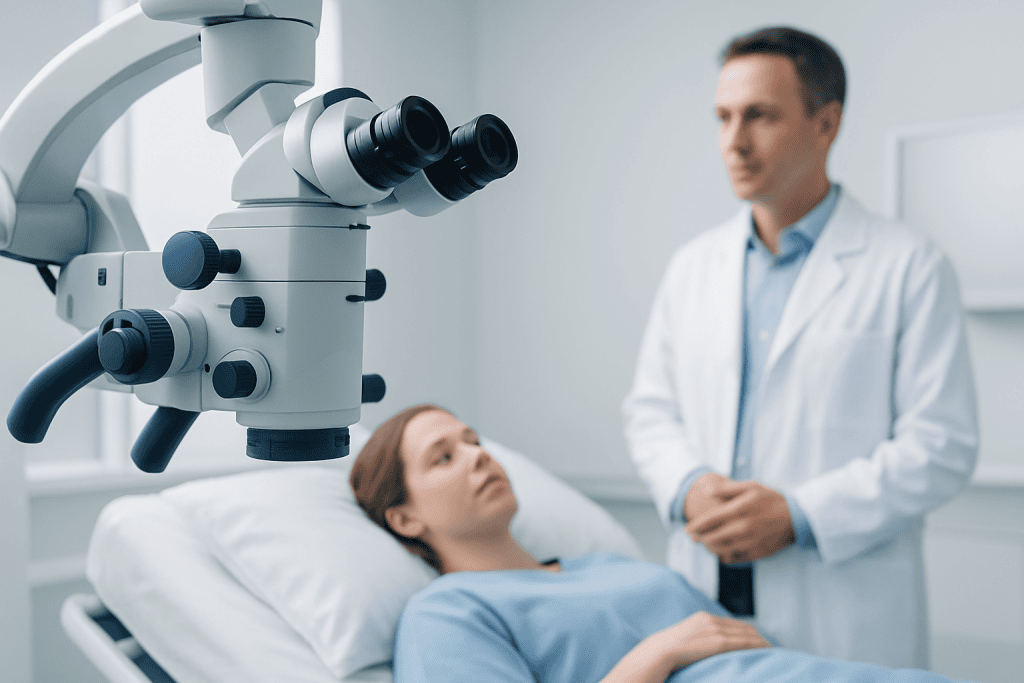 Doctor examining a patient with a microscope in a hospital room.