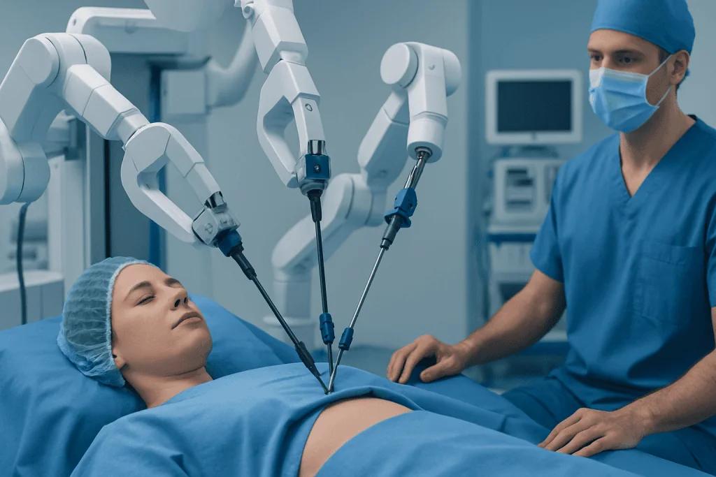 Robotic surgical system performing ovarian surgery in a modern hospital.