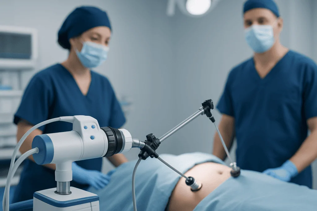Surgeons performing laparoscopic ovarian removal surgery in an operating room.